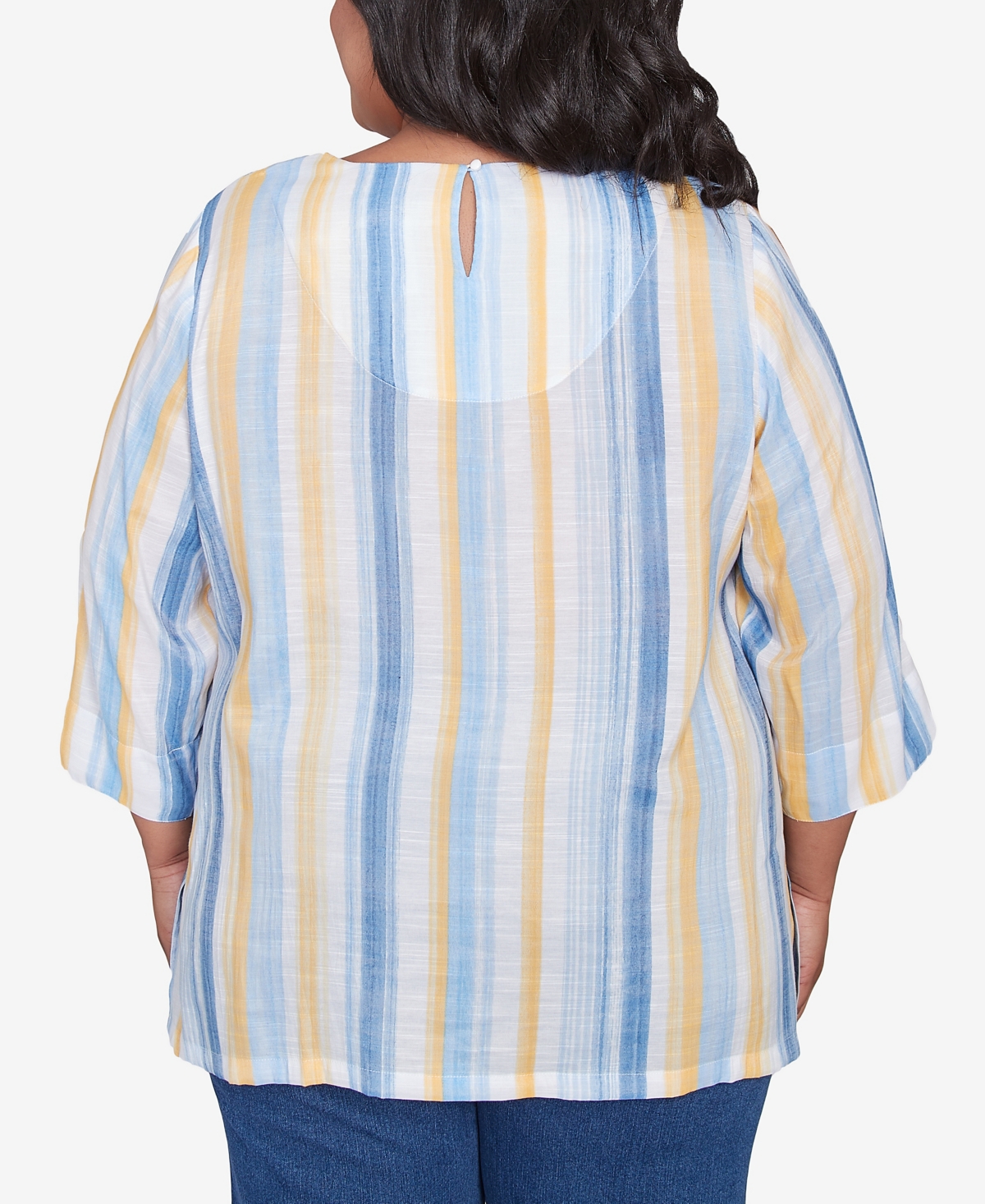 Alfred Dunner Plus Size Flower Power Striped Flower Detail Button Front Top In Multi Blue