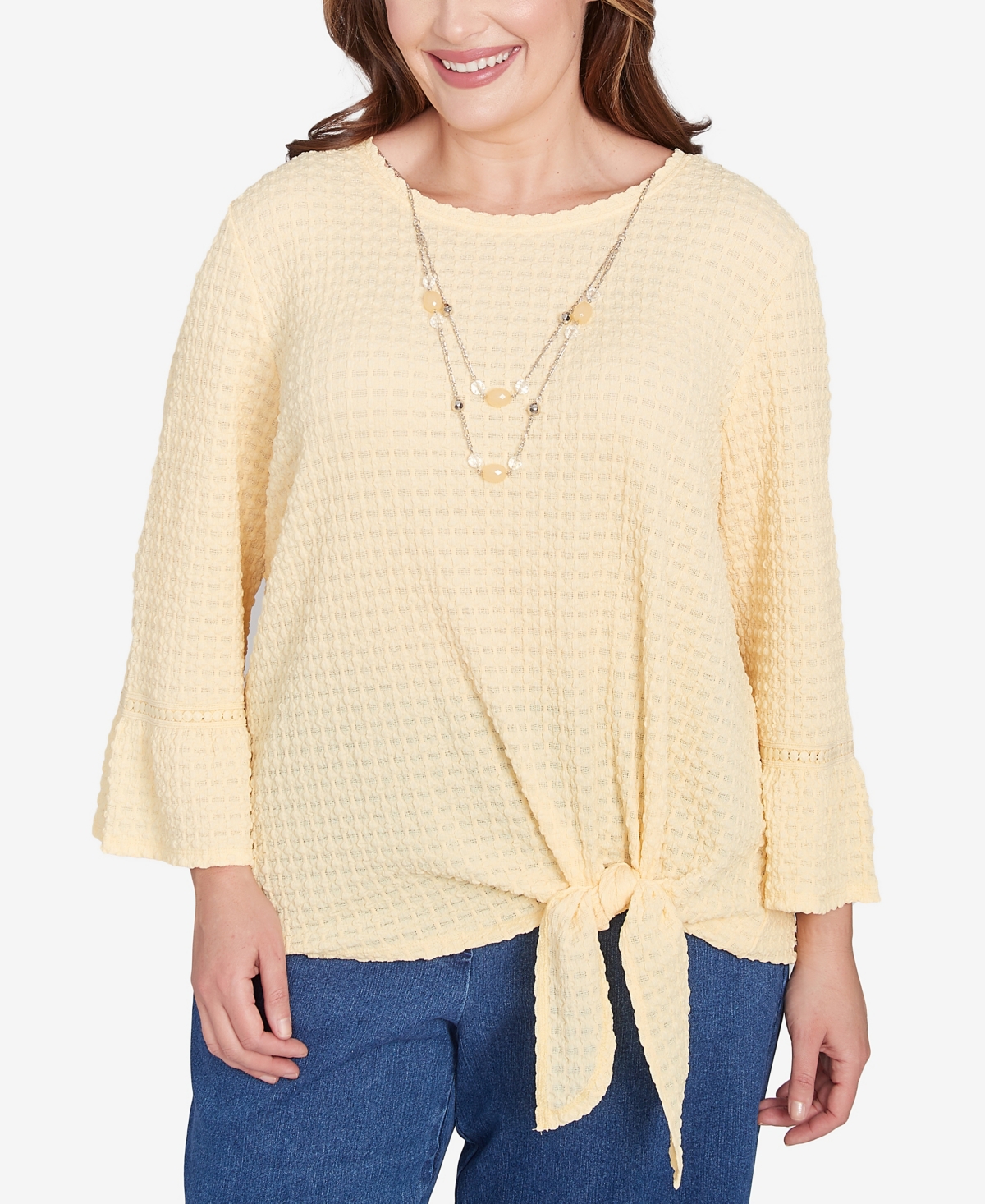 Alfred Dunner Plus Size Flower Power Tie Front Textured Crew Neck T-shirt With Necklace In Buttercup