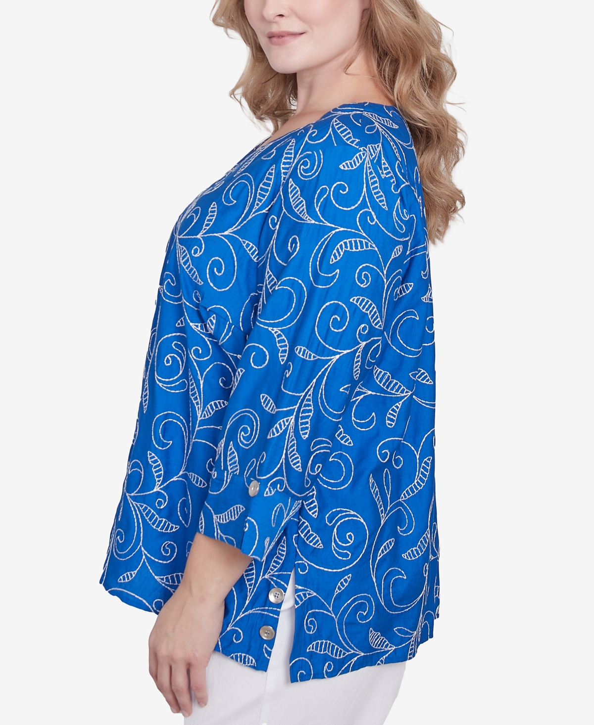 Alfred Dunner Plus Size Parrot Cay Scroll Embroidered Cuff Sleeve Top In Cobalt Blue