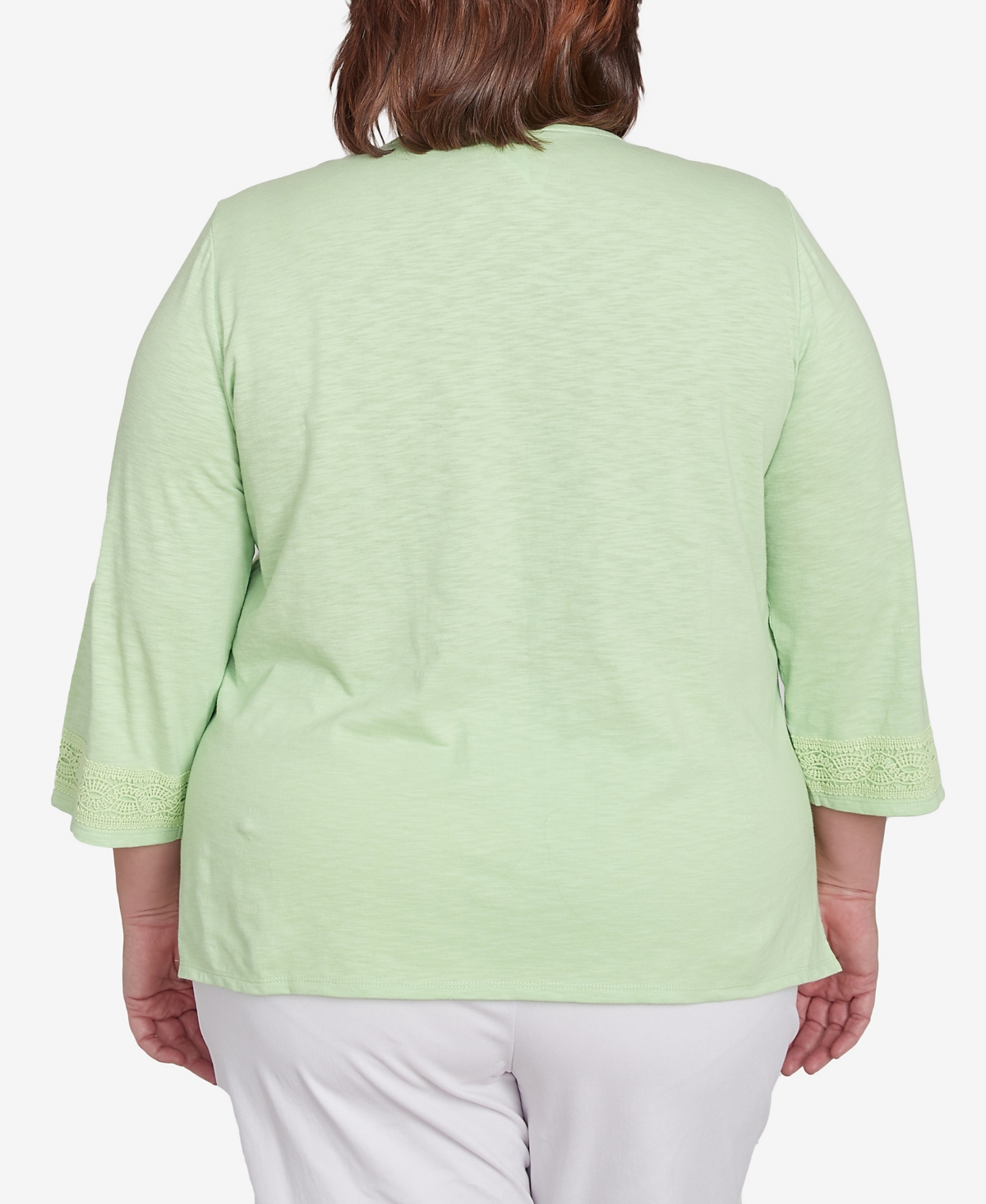 Alfred Dunner Plus Size Parrot Cay Solid Split Neck Lace Trim Top In Palm Green