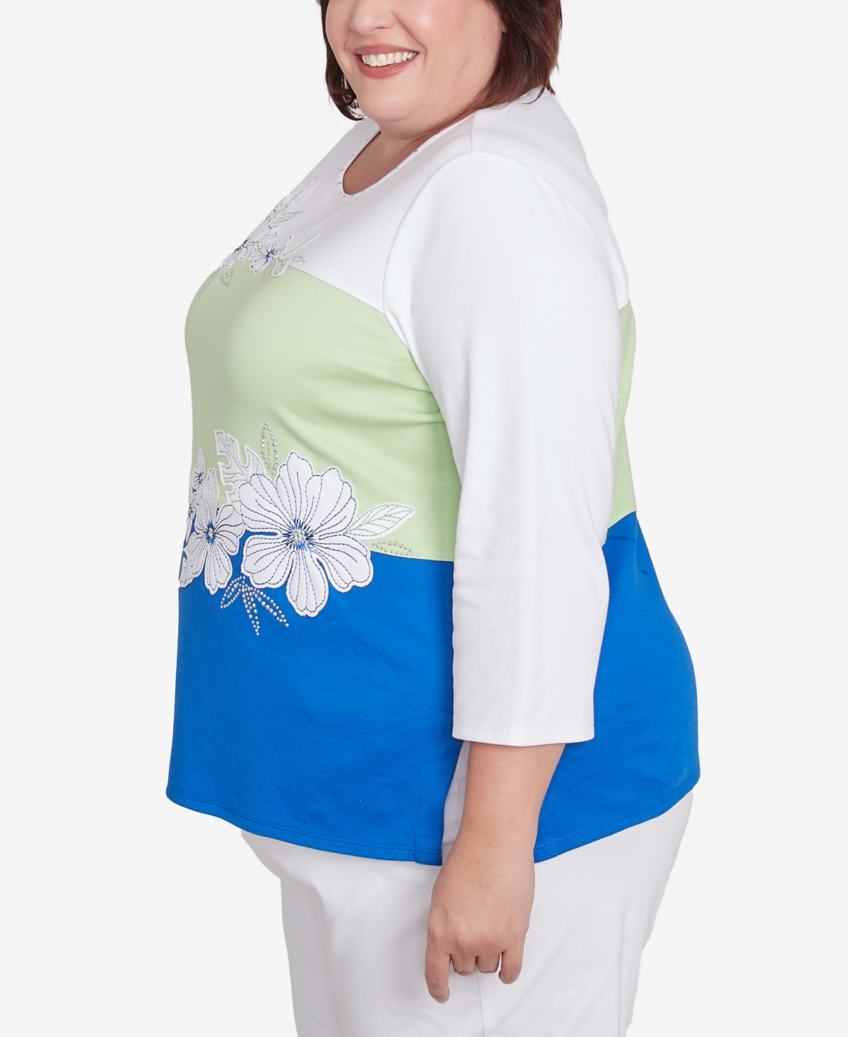 Alfred Dunner Plus Size Parrot Cay Tropical Colorblock Floral Crew Neck Top In Cobalt Multi