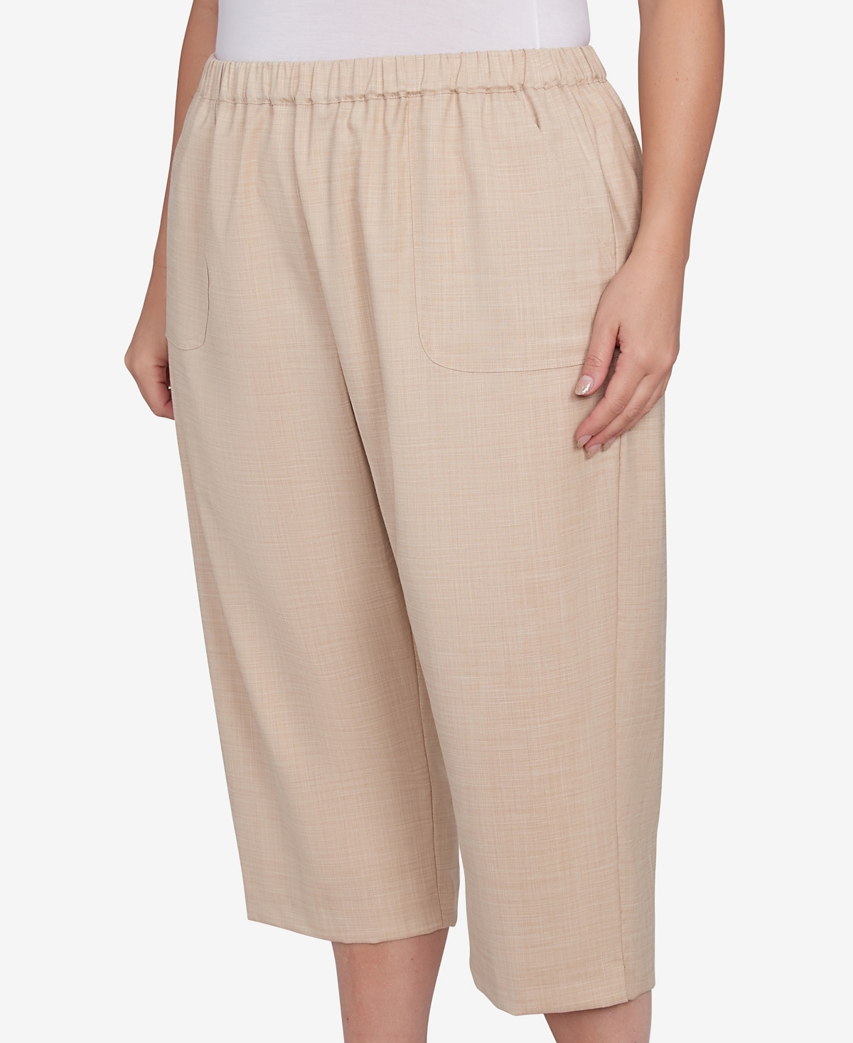 Alfred Dunner Plus Size Catalina Island Patch Pockets Elastic Waistband Capris Pants In Linen