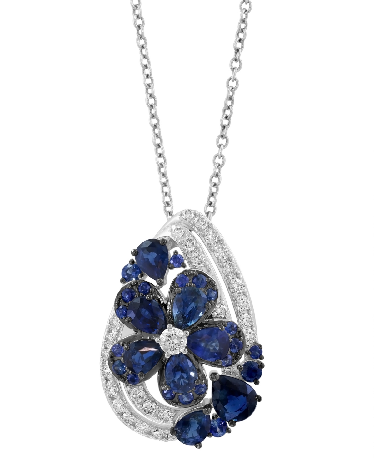 Effy Sapphire (1-7/8 ct. t.w.) & Diamond (1/3 ct. t.w.) Flower Pendant Necklace in 14k White Gold , 17" + 1" extender - Sapphire