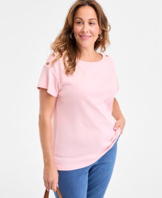 Style & Co - Plus Size Crewneck Button-Trim-Shoulder Cotton Top