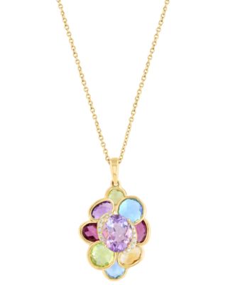 EFFY&reg; Multi-Gemstone (6-5/8 ct. tw.) & Diamond (1/20 ct. t.w.) Cluster Pendant Necklace in 14k Gold, 17" + 1" extender