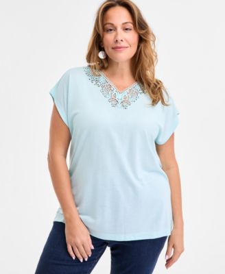 Plus Size Lace-Trim-V-Neck Short-Sleeve T-Shirt