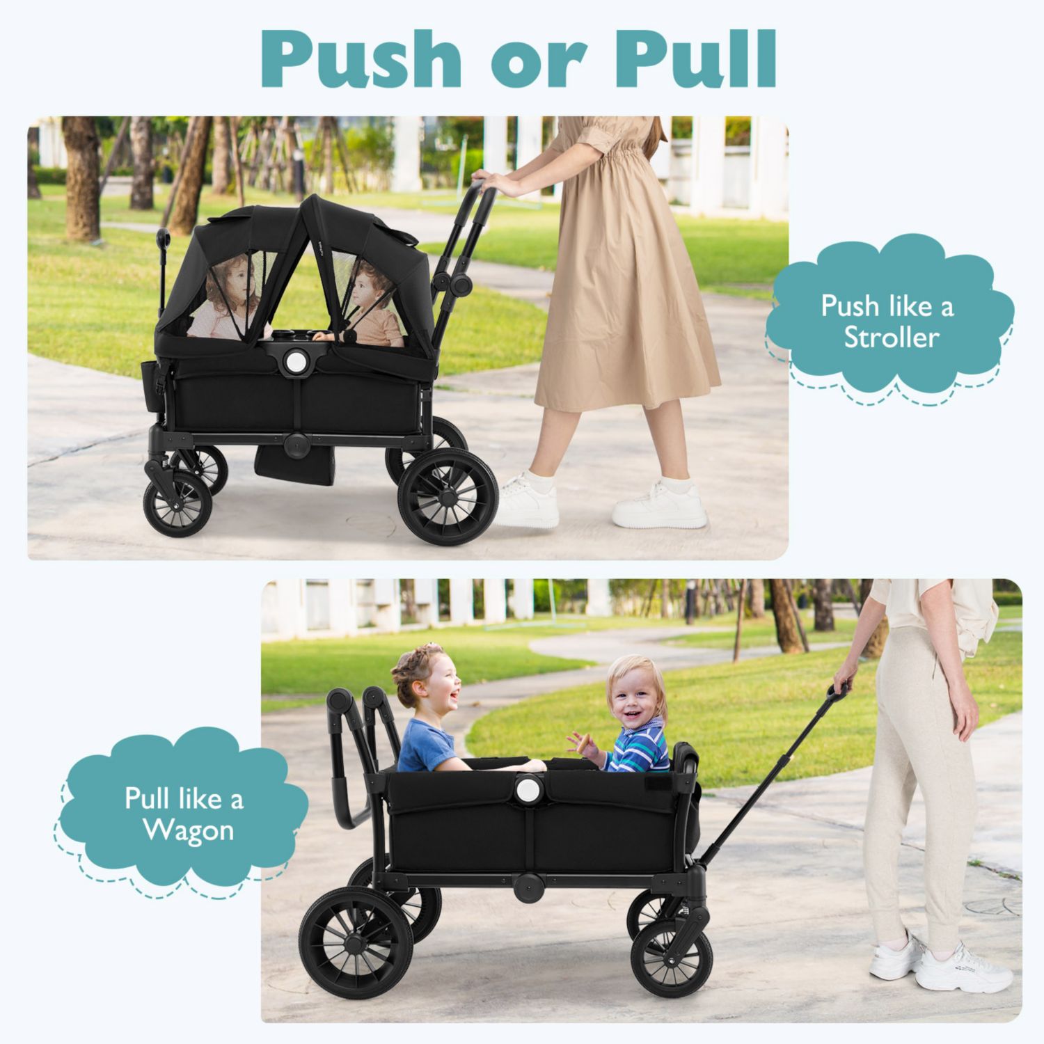 2-Seater Collapsible Kids Wagon Stroller with Push Pull Handle and Adjustable Bar
