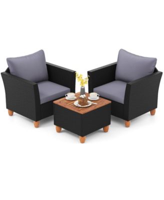 3 Pieces Outdoor Patio Wicker Furniture Set with Cushions and Acacia Wood Coffee Table