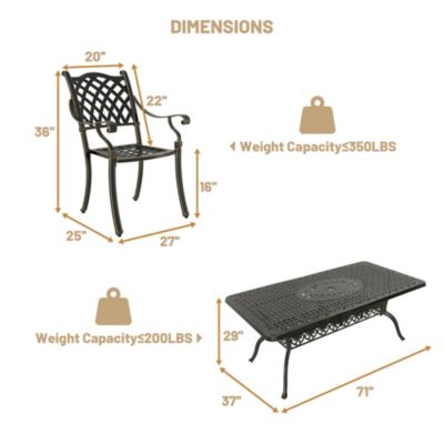 7pcs Patio Furniture Set Cast Aluminium Outdoor Dining Set 6 Outdoor Dining Chairs and 71 Inches Rectangular Dining Table for Balcony Porch Backyard Garden