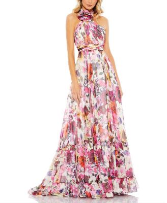 Женское асимметричное платье с оборками на бретелях в цветочек