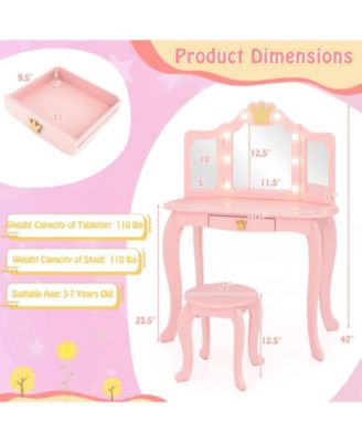 Kids Vanity Set with Tri-Fold Lighted Mirror, Detachable Top, and Stool Fun Dressing Table for Kids