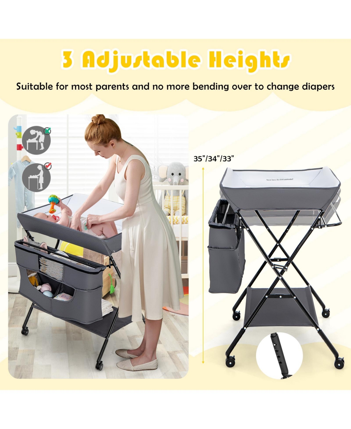 Gouun Portable Adjustable Height Newborn Nursery Organizer with wheel