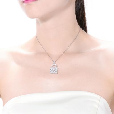 Sterling Silver White Gold Plated with Clear Cubic Zirconia Lock Pendant Necklace