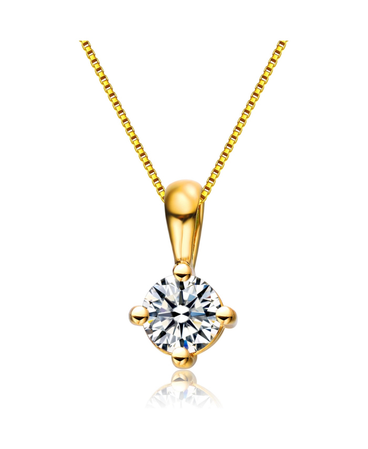 Sterling Silver 14K Gold Plated with Clear Round Cubic Zirconia Solitaire Necklace - Gold