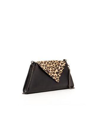 Black Leather Clutch Bag Leopard Unique Evening Purse Women's Handbag