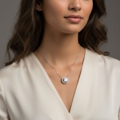 Sterling Silver White Gold Plated with Clear Cubic Zirconia Halo Necklace