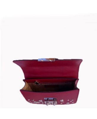Burgundy Studded Leather Crossbody Bag Small Designer Purse with Top Handle and Embellishments for Women