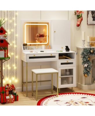 Modern Makeup Vanity Desk with Mirror and Lights and Stool Set