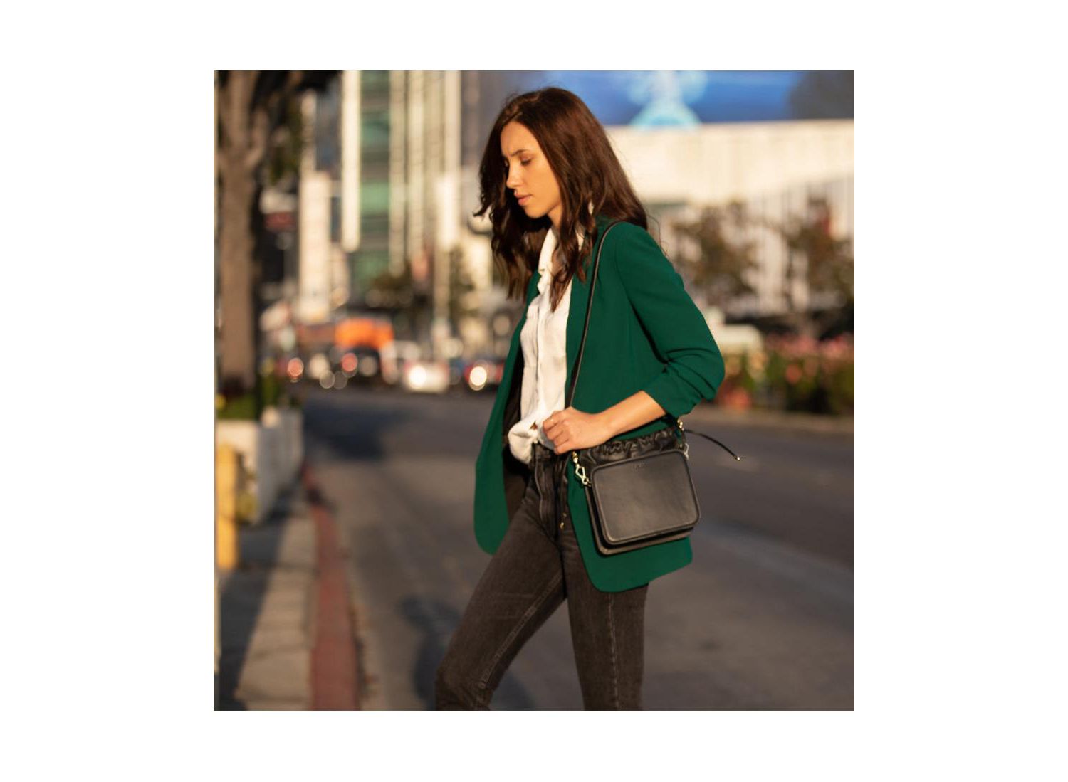 Black Leather Bucket Bag Medium Size Purse for Women with Drawstring Closure
