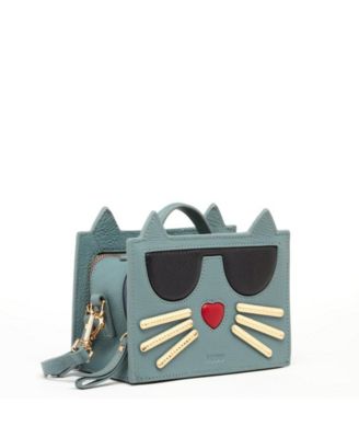 Leather Cat Purse Crossbody Bag Mineral Blue Handbag for Women with Top Handle and Adjustable Strap