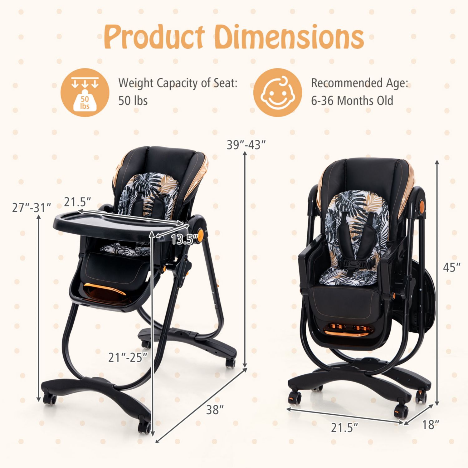 Kids Folding Dining High Chair with Adjustable Height and Recline