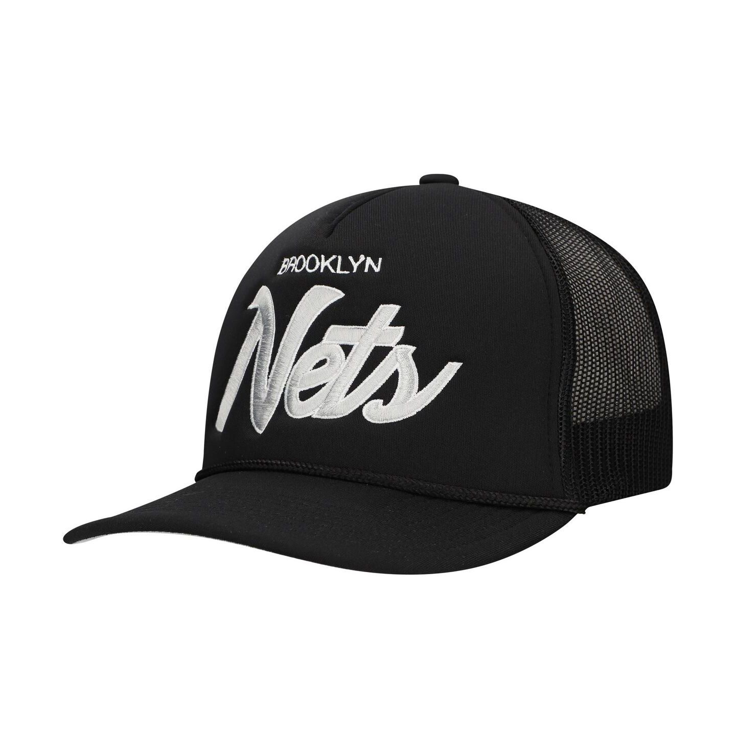 Мужская кепка Mitchell & Ness Black Brooklyn Nets Script Trucker Adjustable Hat — фото 4