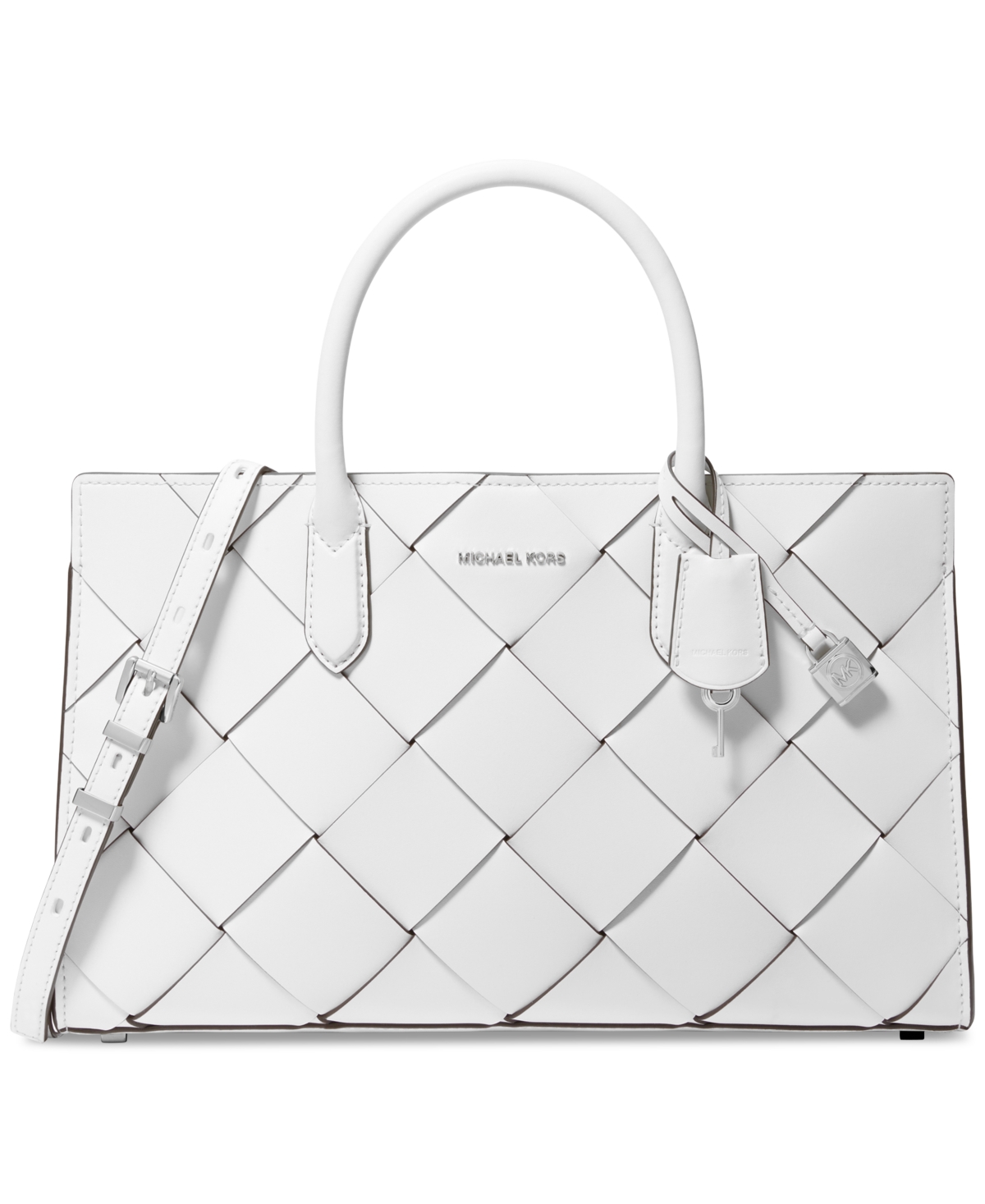 Michael Kors Michael  Scarlett Medium Woven Leather East West Satchel In Optic White
