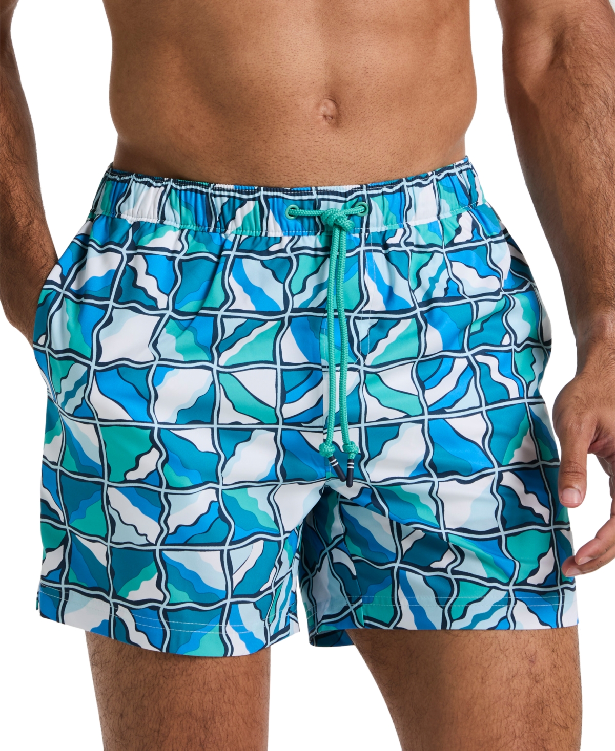 Original Penguin Men's Slim-fit Geometric Swim Trunks In Crystal Blue