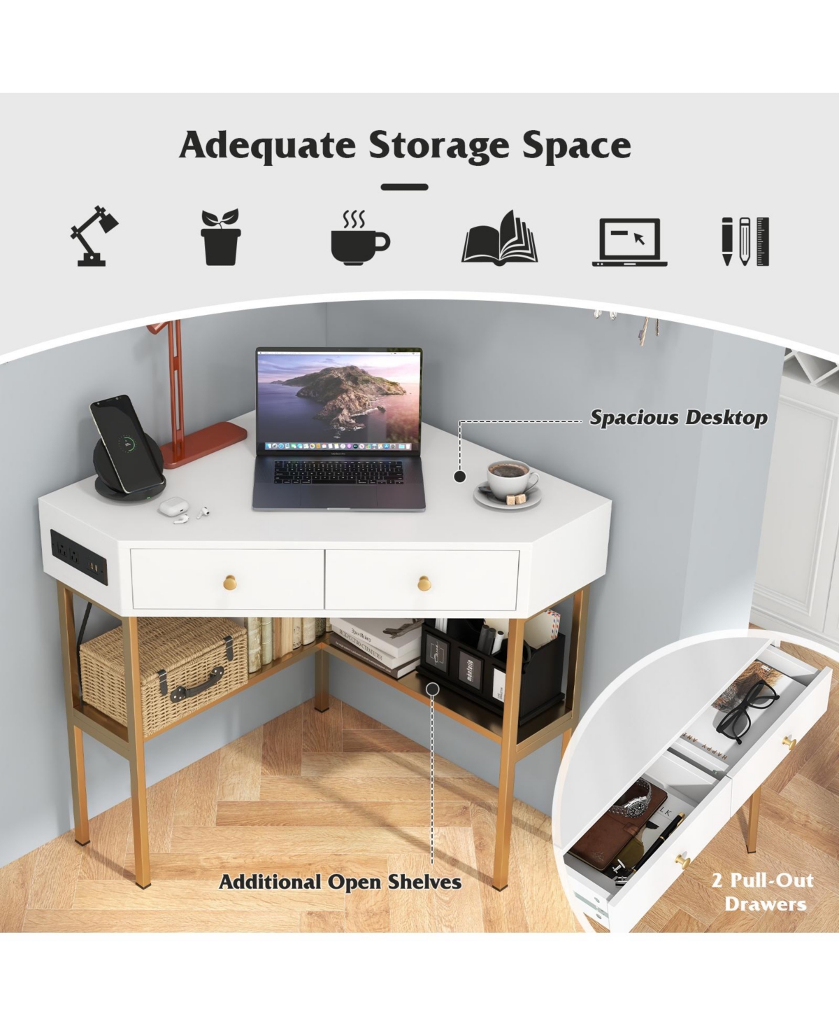 Mobile Standing Desk Height-Adjustable Laptop Cart with Split Top and Hanging Hooks
