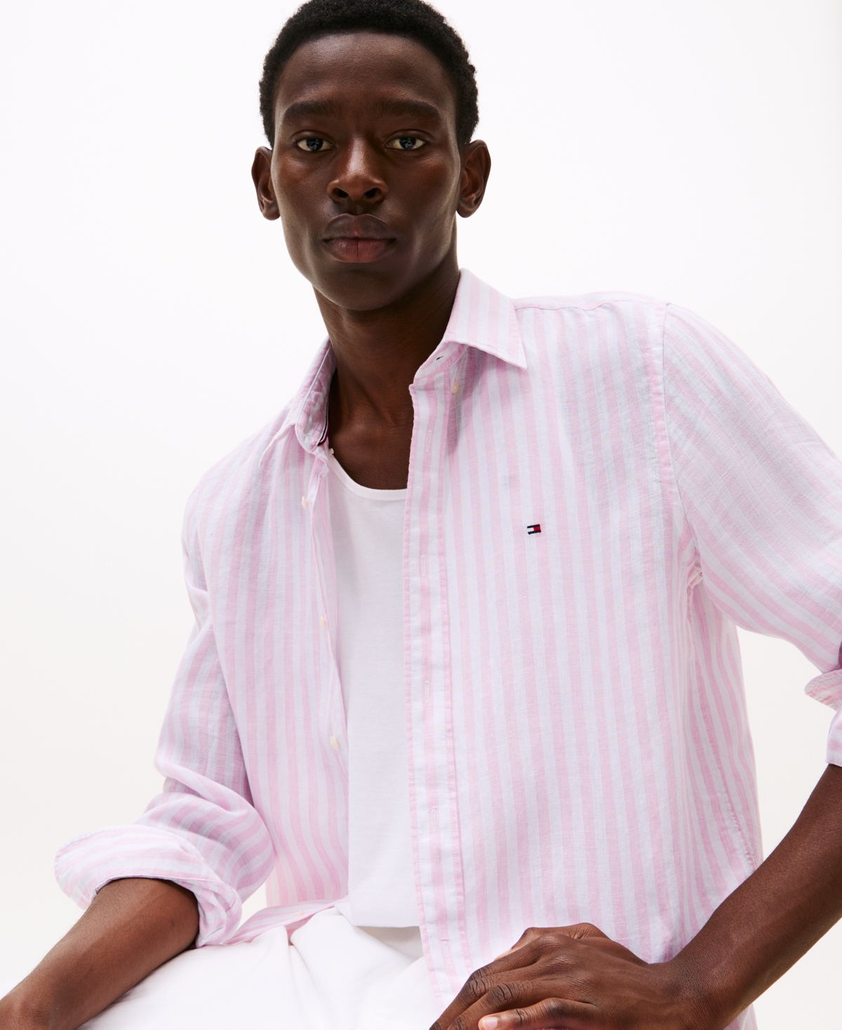 Tommy Hilfiger Regular Fit Stripe Linen Shirt In Classic Pink,stripe