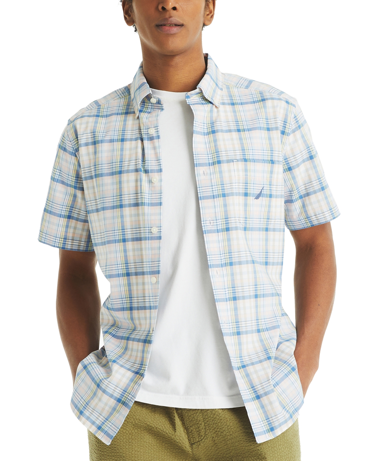 Men's Short Sleeve Plaid Button-Down Shirt - Bright White