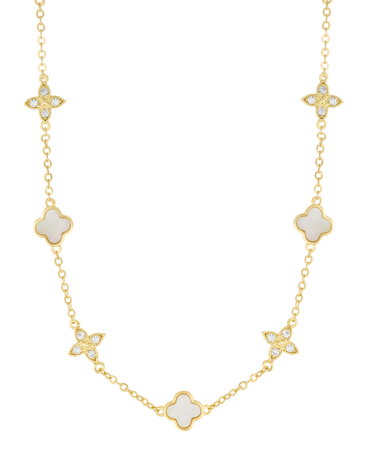 Adornia Gold Adjustable Cubic Zirconia Mother Of Pearl Clover Station Necklace In Gold,white