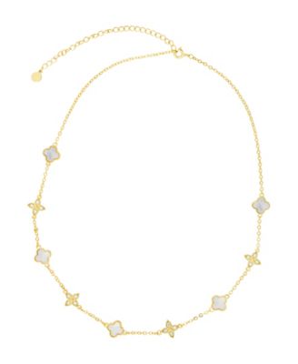 Gold Adjustable Cubic Zirconia Mother of Pearl Clover Station Necklace