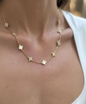 Gold Adjustable Cubic Zirconia Mother of Pearl Clover Station Necklace