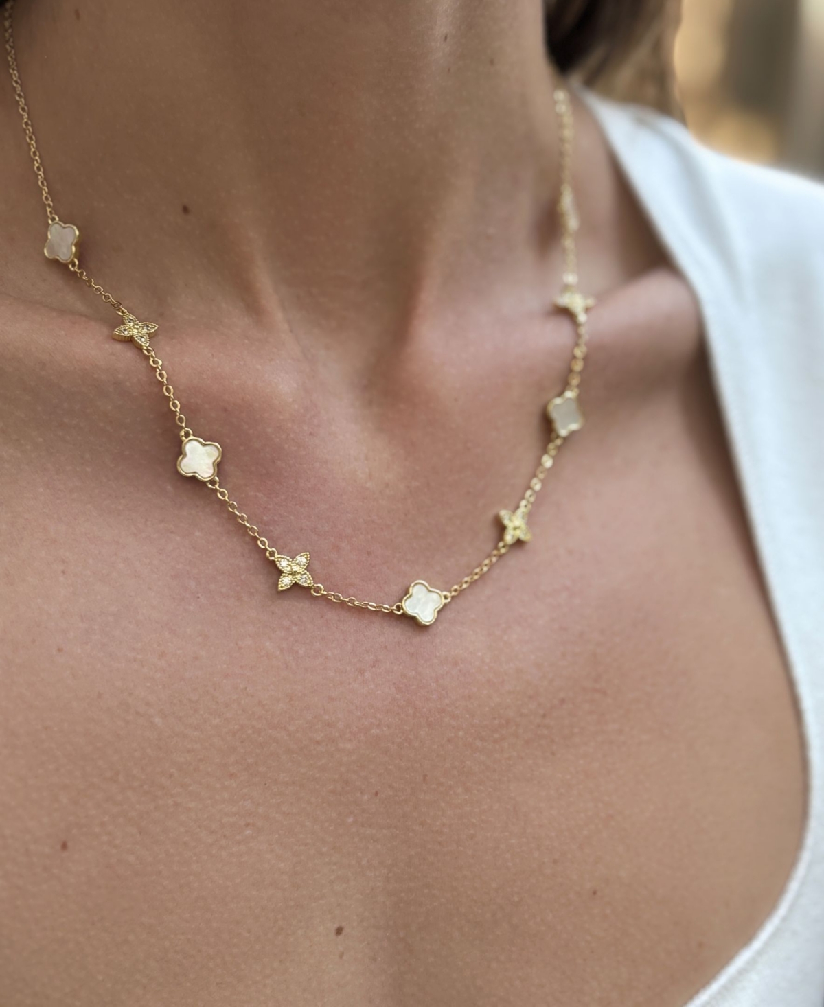 Adornia Gold Adjustable Cubic Zirconia Mother Of Pearl Clover Station Necklace In Gold,white