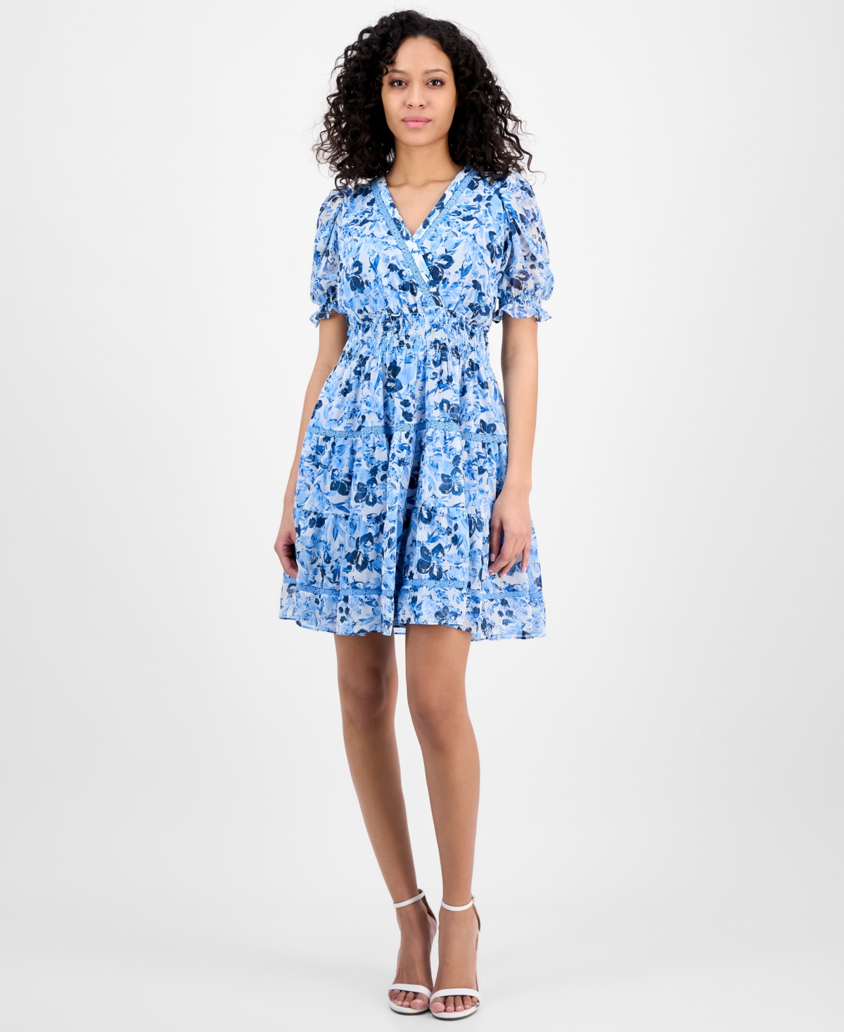 Taylor Women's Printed Smocked-waist Fit & Flare Dress In Bluefloral
