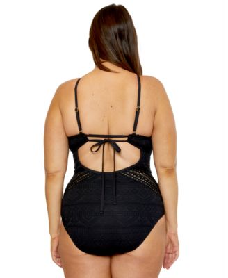 Plus Size Color Play Crocheted High Neck One-Piece Swimsuit