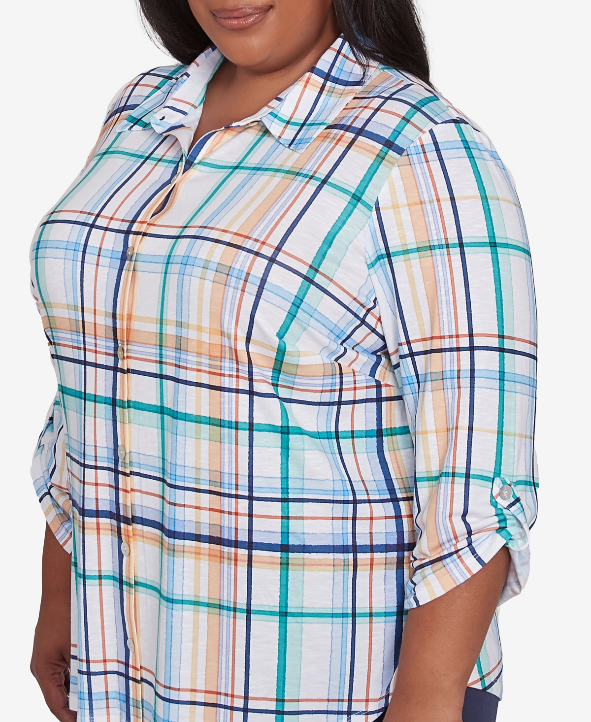Alfred Dunner Plus Size Nantucket Plaid Knit Button Front Collared Top In Marine Multi