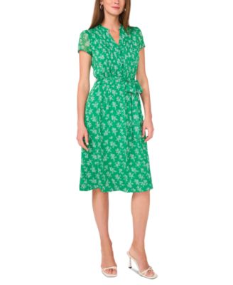 MSK - Petite Printed Split-Neck Tie-Waist Short-Sleeve Dress