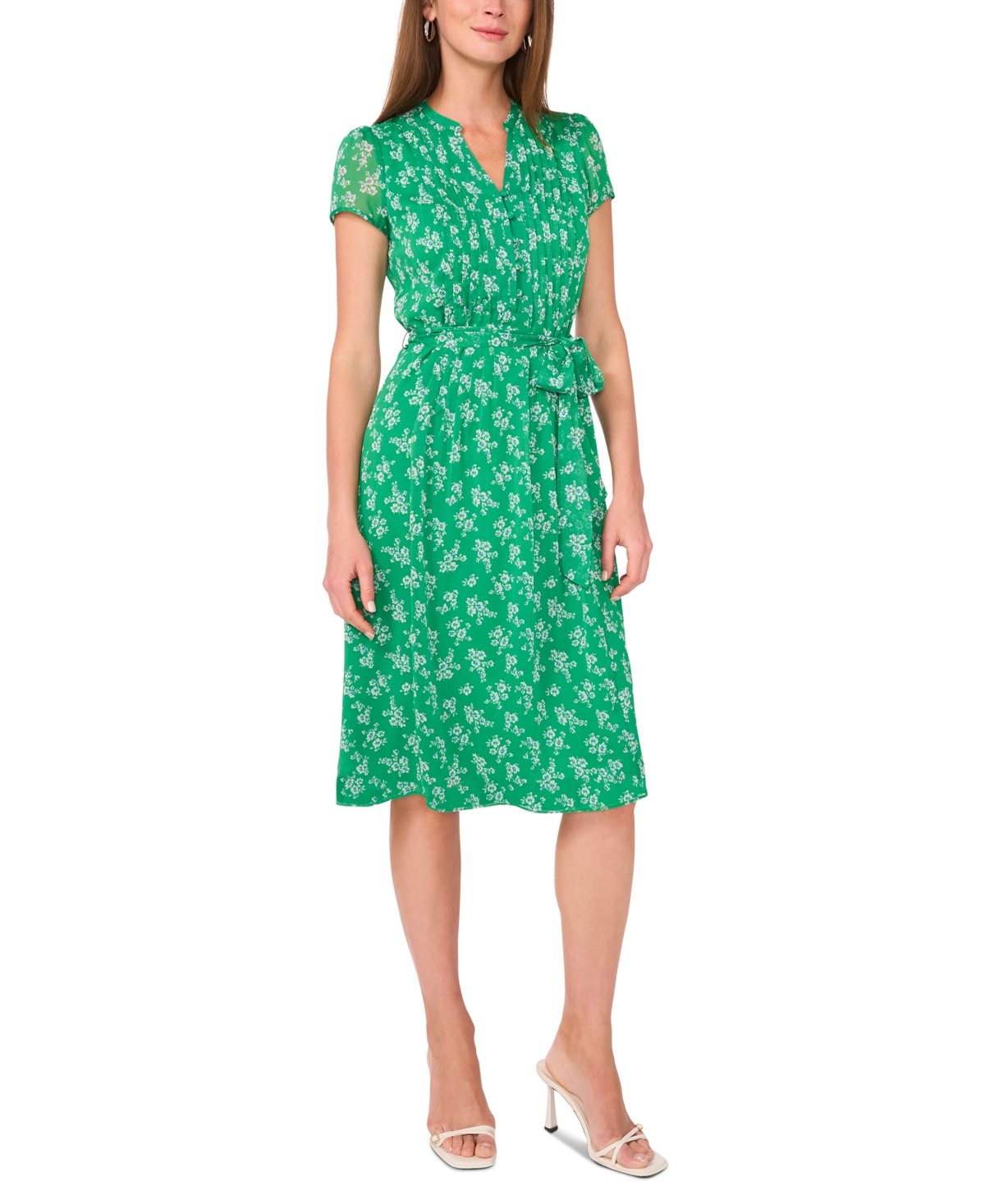 Petite Printed Split-Neck Tie-Waist Short-Sleeve Dress - Lush Green