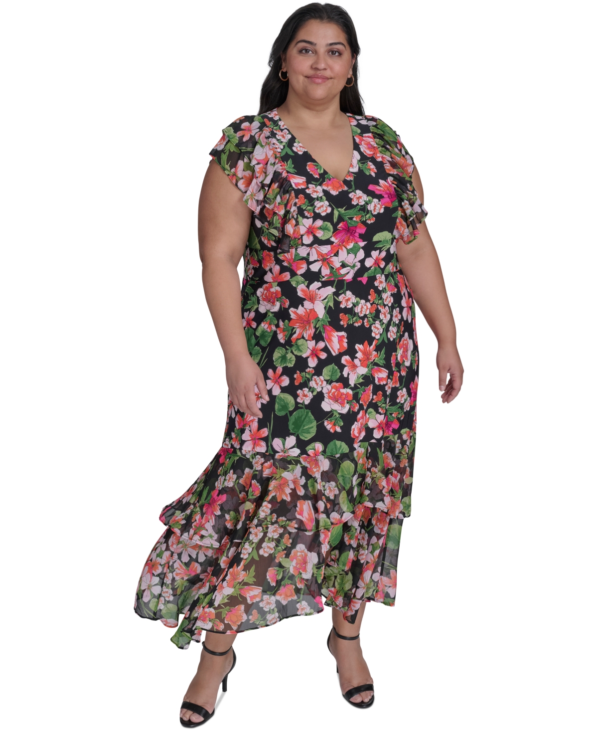 Tommy Hilfiger Plus Size Floral-print Mixed-media Maxi Dress In Black Multi