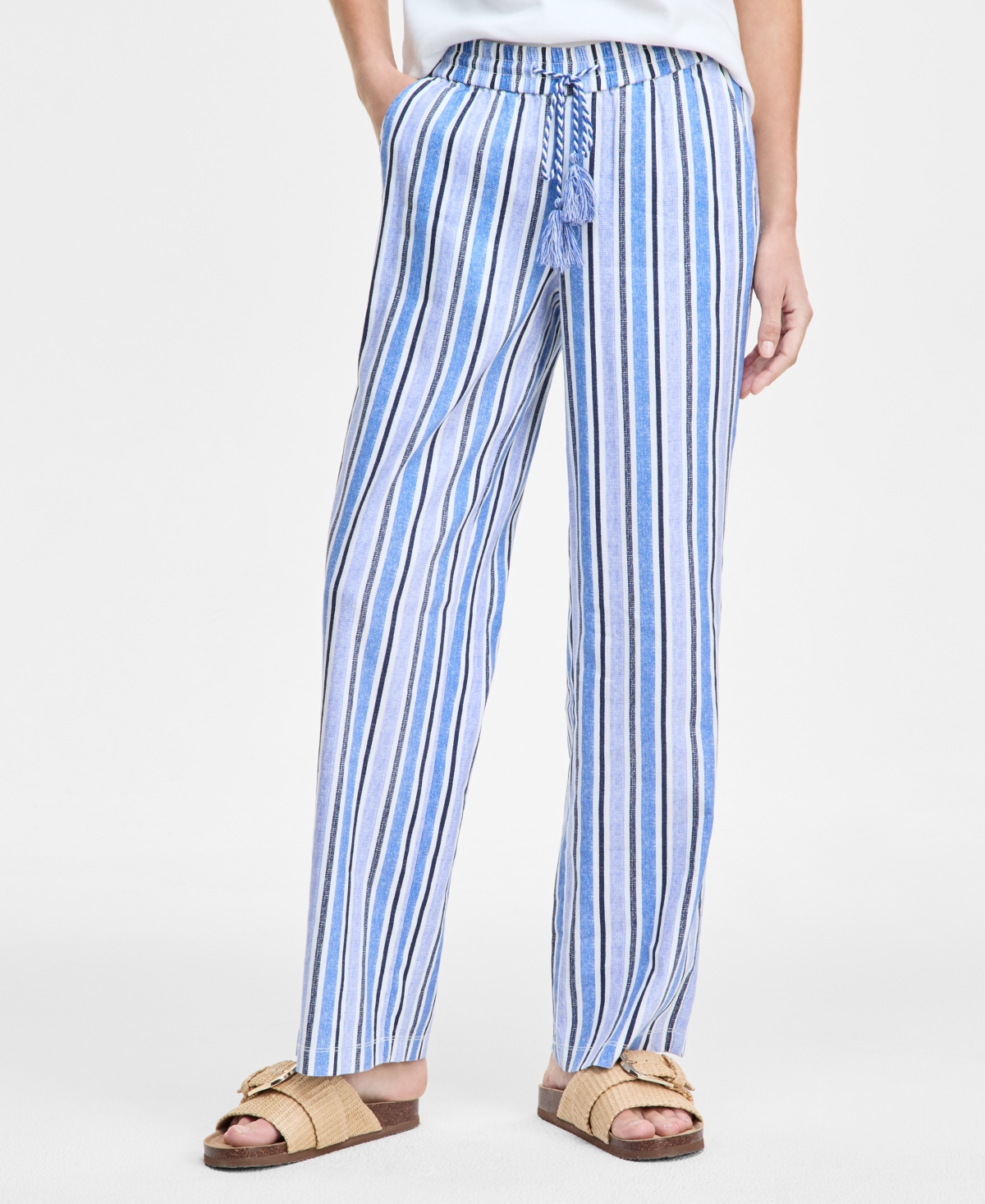 Liverpool Los Angeles Stripe Linen Blend Drawstring Wide Leg Pants In White,blue Multi Stripe