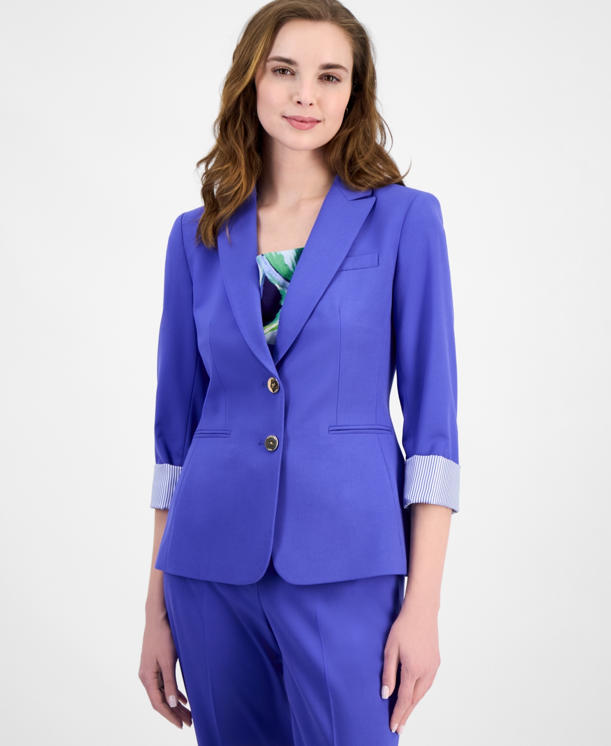 Petite Peak-Lapel Button-Front Roll-Tab Blazer - Pacific Blue