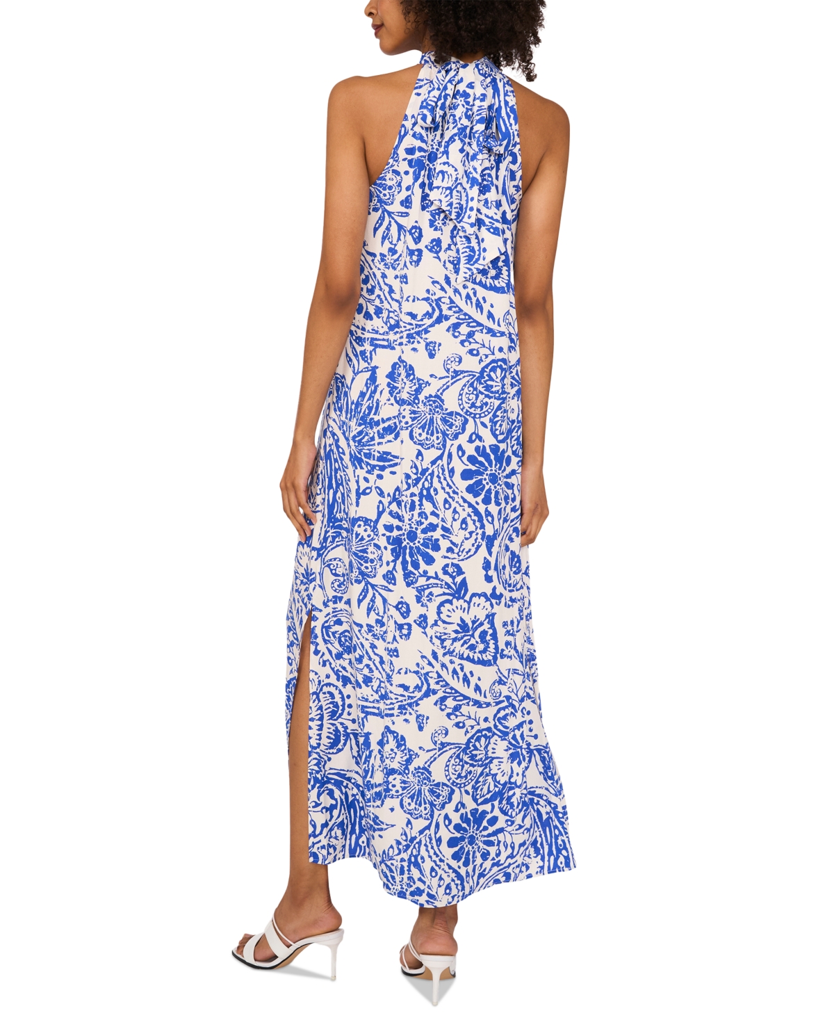 Vince Camuto Print Sleeveless Halter Neck Dress In Marine Blue