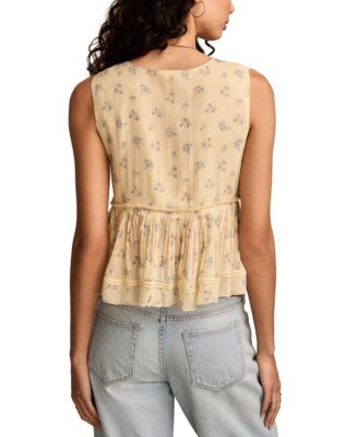 Женский топ с V-образным вырезом и оборками с принтом от бренда Lucky Brand