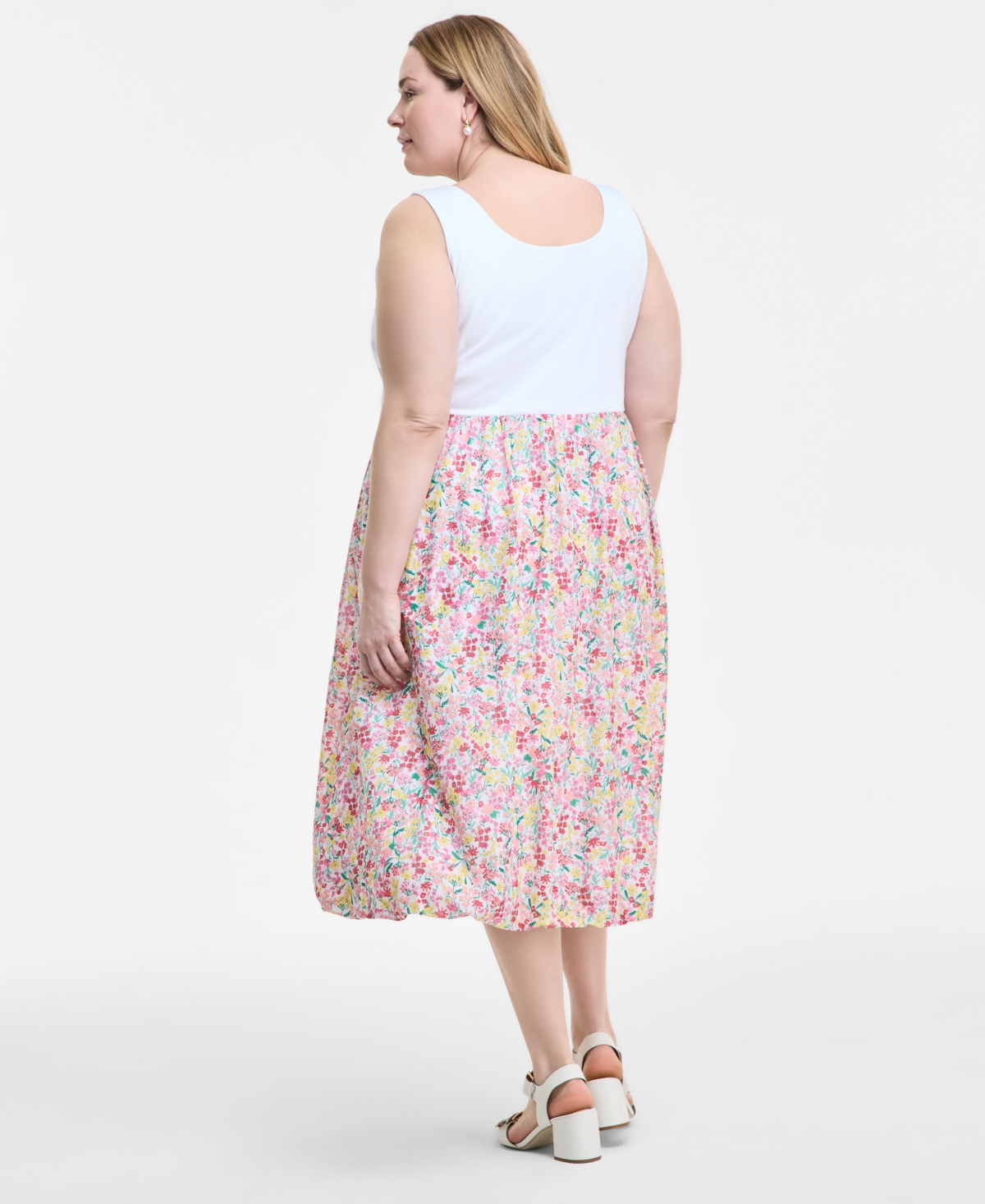 Tommy Hilfiger Plus Size Floral-print-skirt Sleeveless Dress In White Multi