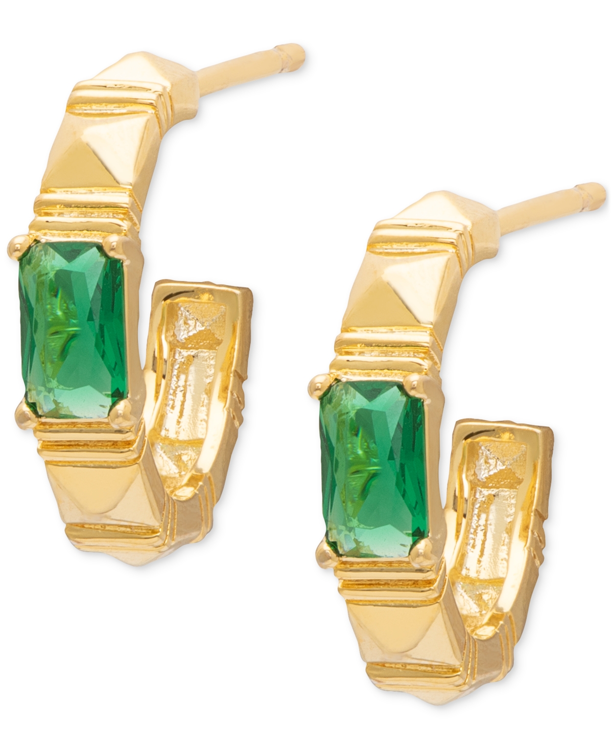 Macy's Green Spinel Textured Small Half Hoop Earrings (1/8 Ct. T.w.) In 14k Gold Over Sterling Silver, 0.55 In Green Spinel