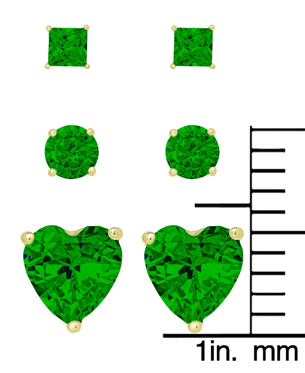 Macy's 3-pc. Set Green Quartz Round, Square And Heart Stud Earrings (1-3/8 Ct. T.w.) In 14k Gold-plated Ste In Green Quartz