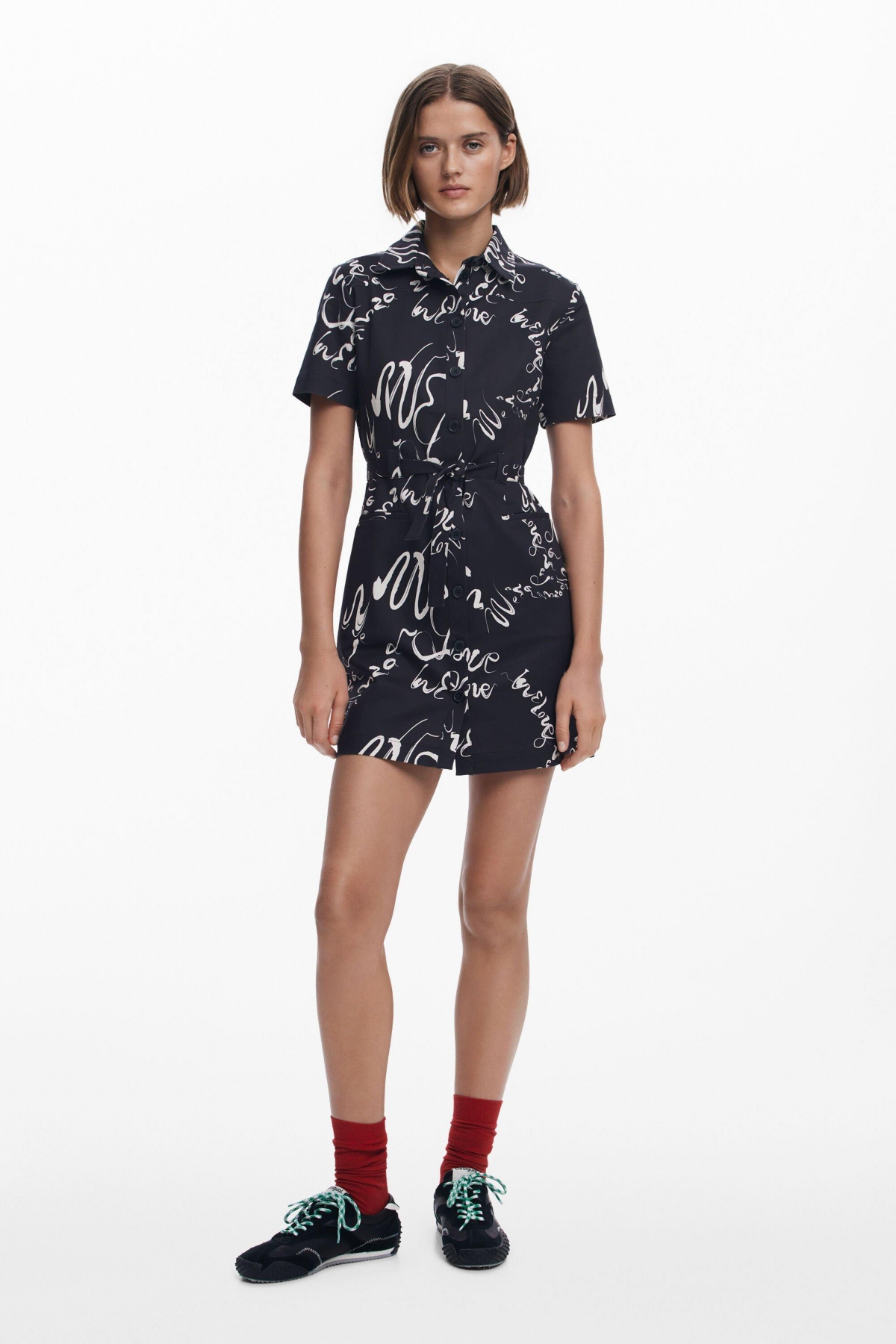 Desigual Lettering Belted Mini Shirtdress In Black