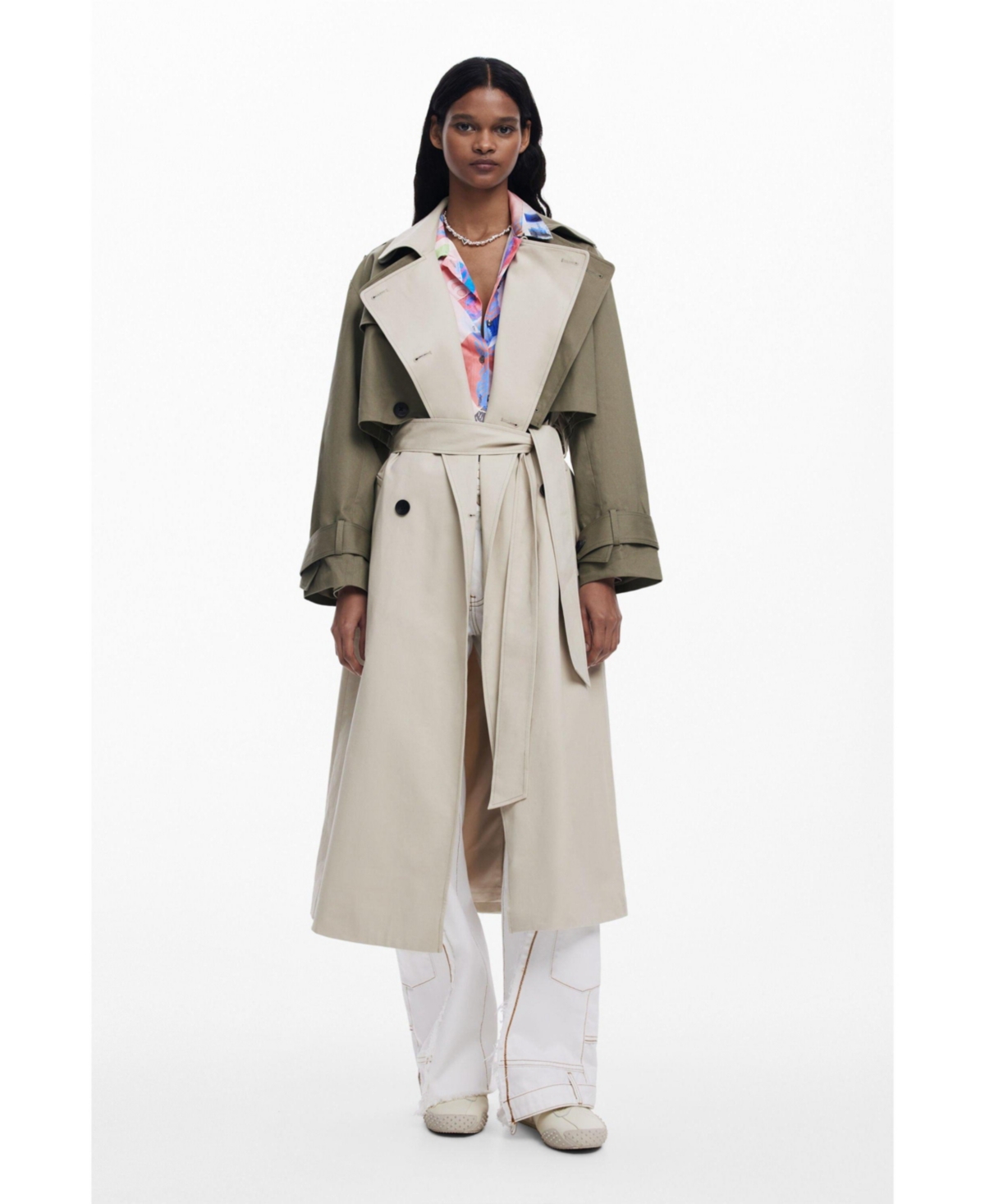 Women's Detachable two-tone trench coat - Grey-green